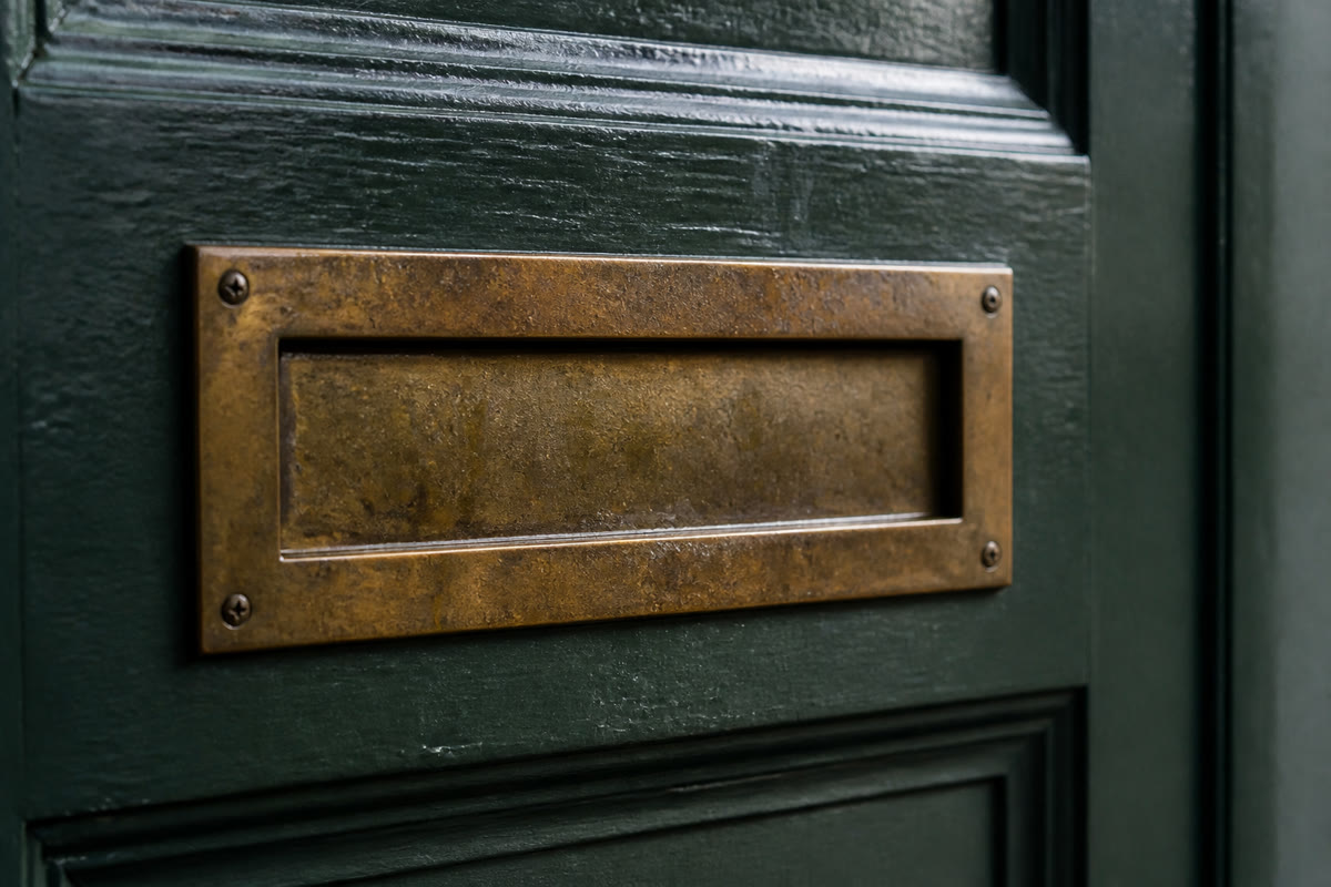Aged brass letterbox set into a slate-green painted door