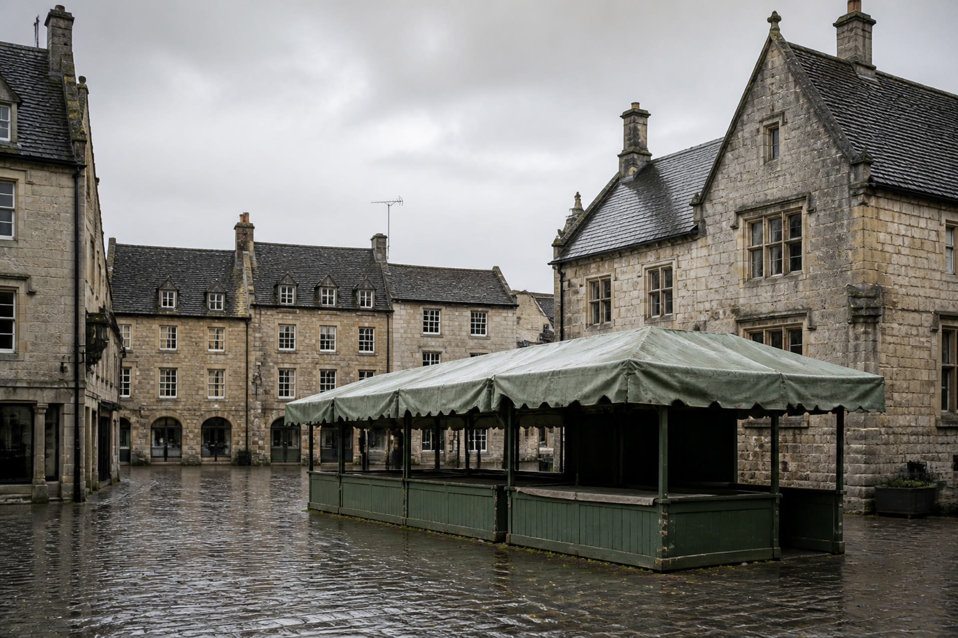 Wet cobbles and limestone shopfronts in a quiet Cotswold market square on an overcast morning