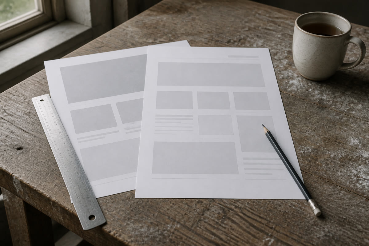 Printed page proofs, a pencil and a mug of tea on a worn workshop table