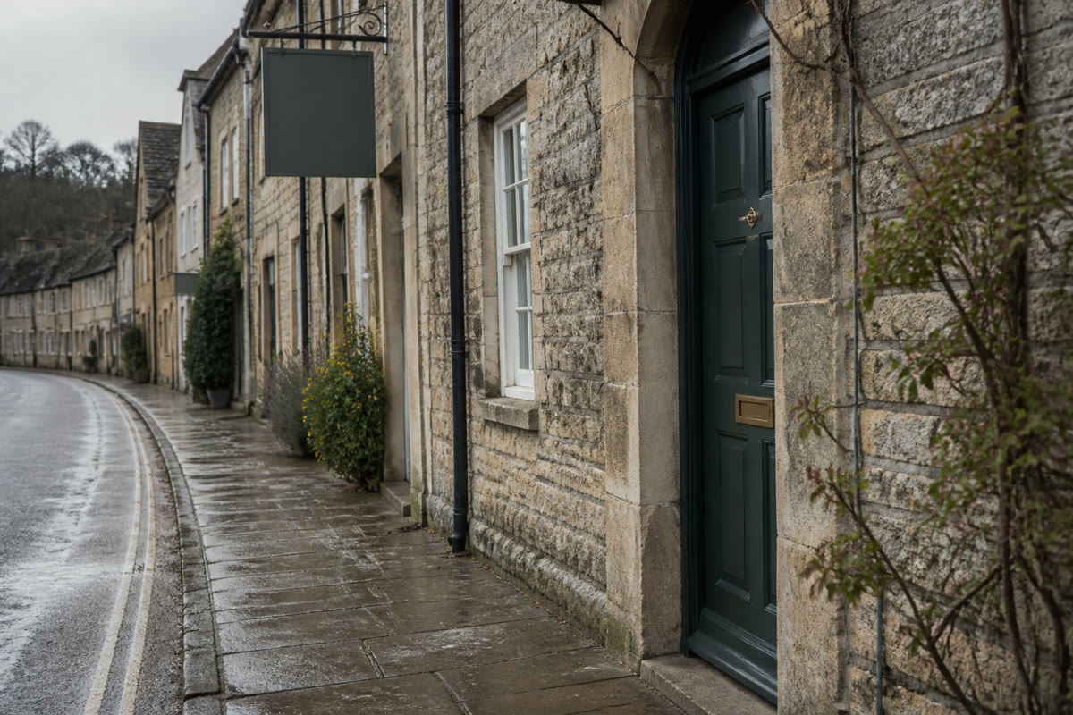 A quiet limestone high street with a slate-green door and wet pavement